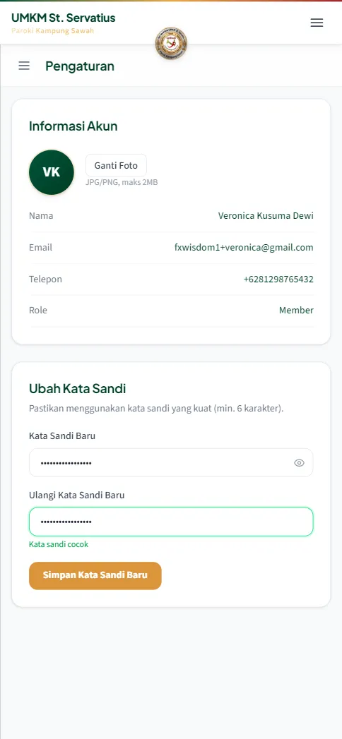 Form kata sandi terisi dengan indikator hijau Kata sandi cocok dan tombol Simpan Kata Sandi Baru