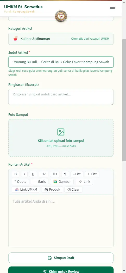 Form artikel: pilih usaha, judul, dan slug otomatis