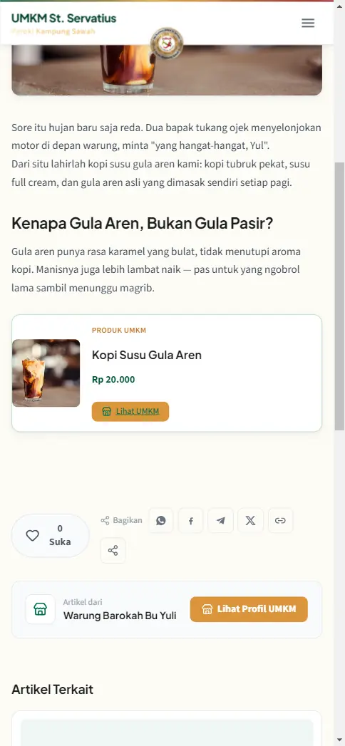 Halaman detail artikel dengan kartu Produk UMKM dan tombol Lihat UMKM