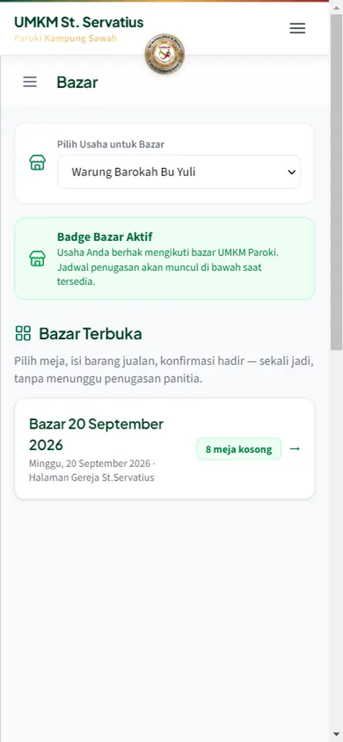 Dashboard tab Bazar: seksi Bazar Terbuka dengan kartu bazar bermeja kosong