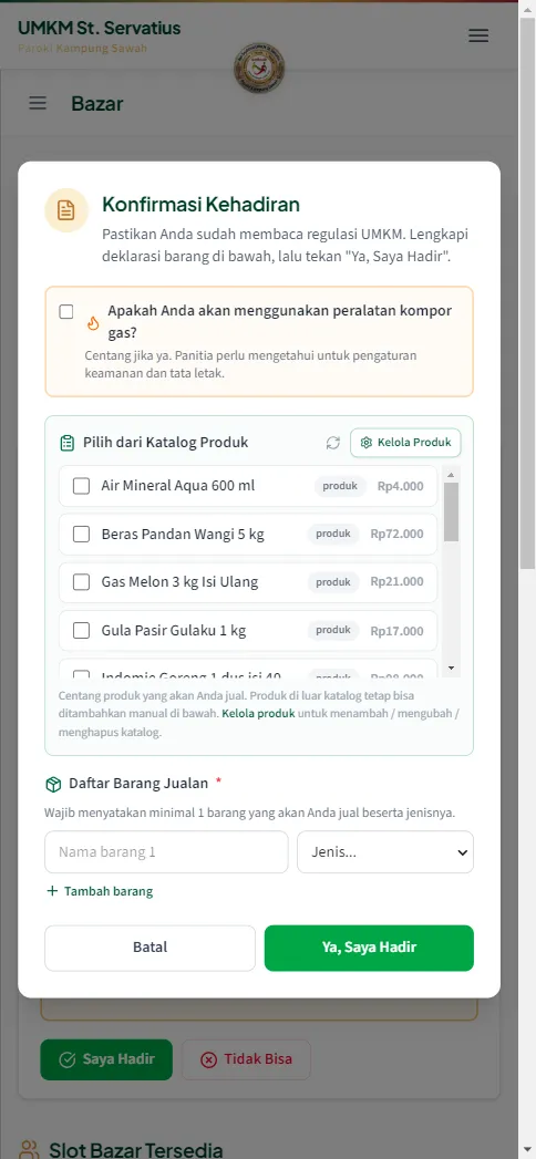 Dialog Konfirmasi Kehadiran: pertanyaan kompor gas dan pilih dari katalog