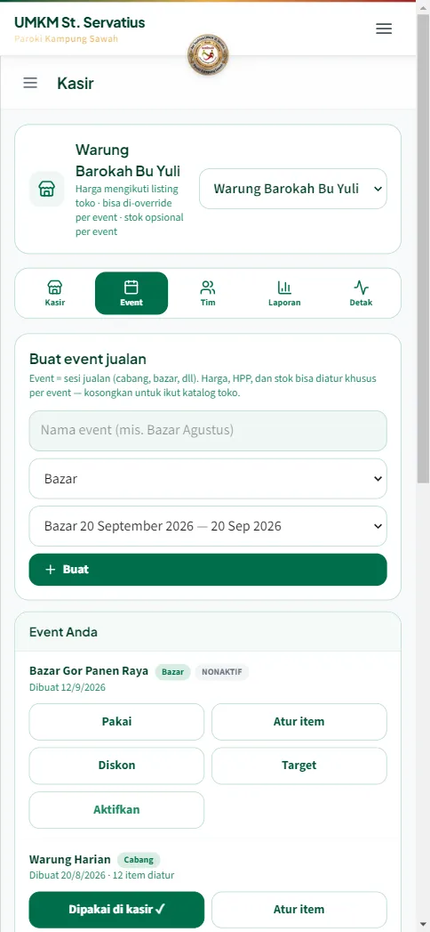 Form buat event dengan jenis Bazar dan pilihan bazar terdaftar