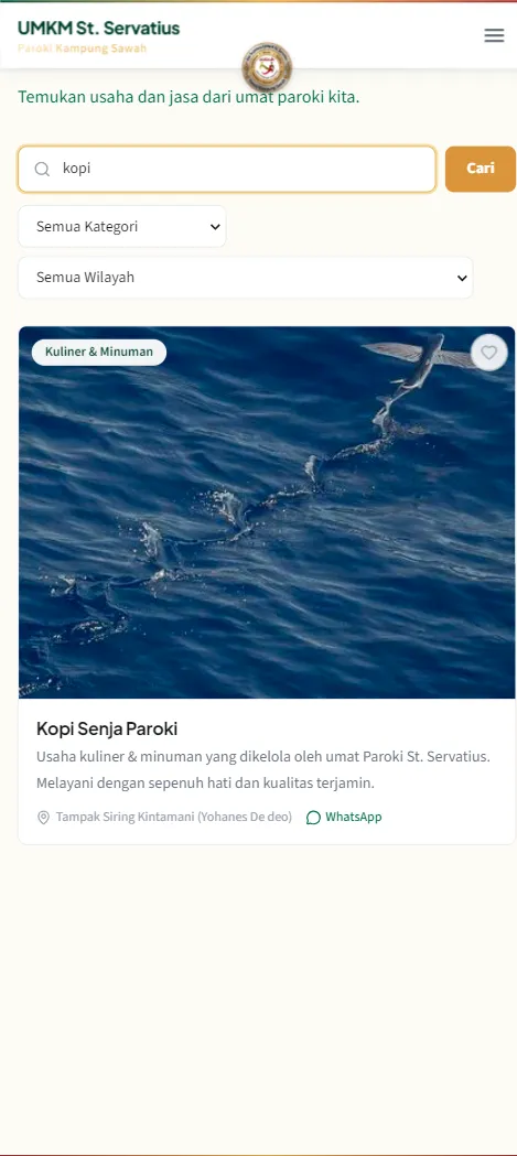 Hasil pencarian kata kopi di Direktori UMKM menyisakan kartu usaha Kopi Senja Paroki
