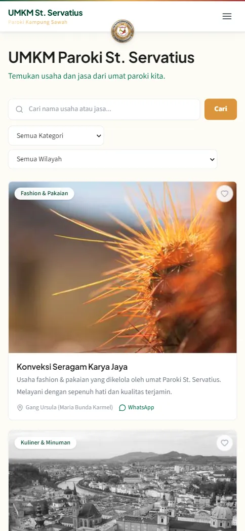Kartu usaha di Direktori UMKM dengan ikon hati di pojok kanan atas