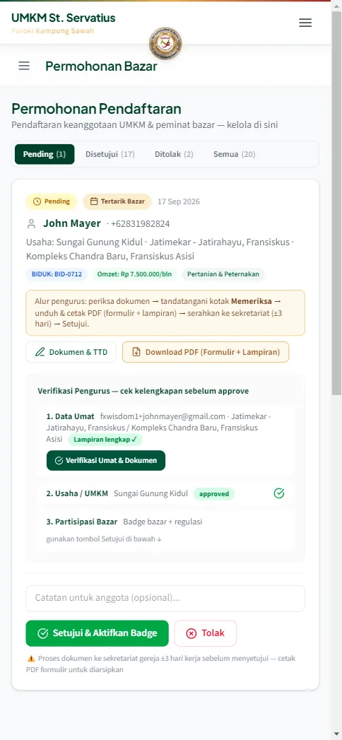 Seksi Verifikasi Pengurus berisi Data Umat, Usaha UMKM, Partisipasi Bazar, kotak Memeriksa, dan tombol Download PDF
