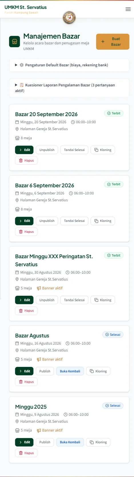 Tab Bazar berisi daftar jadwal bazar beserta statusnya