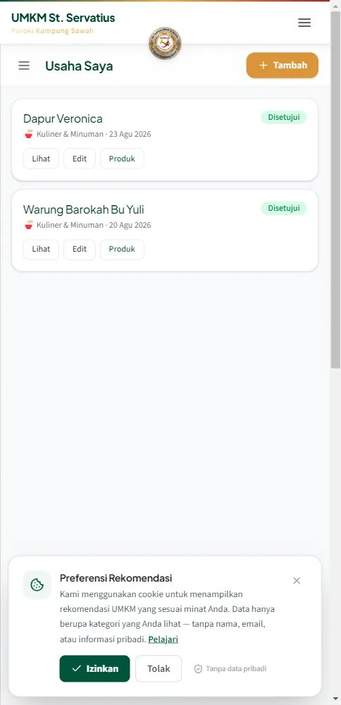 Dashboard dengan kartu usaha Warung Barokah Bu Yuli