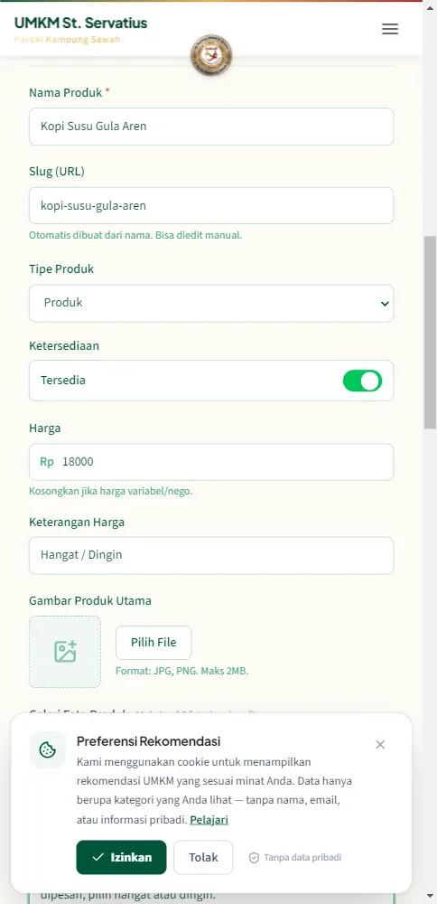 Form produk baru dengan foto asli di HP