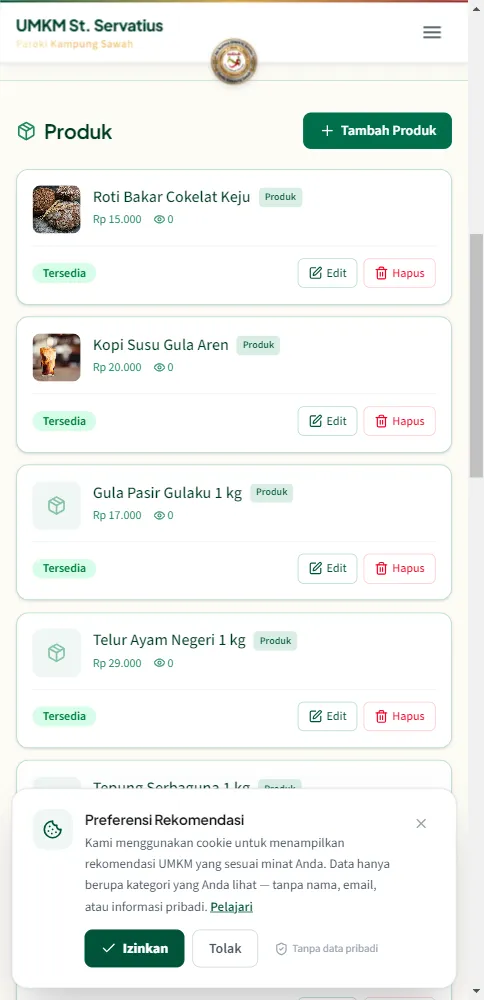 Daftar produk menampilkan harga baru 20.000