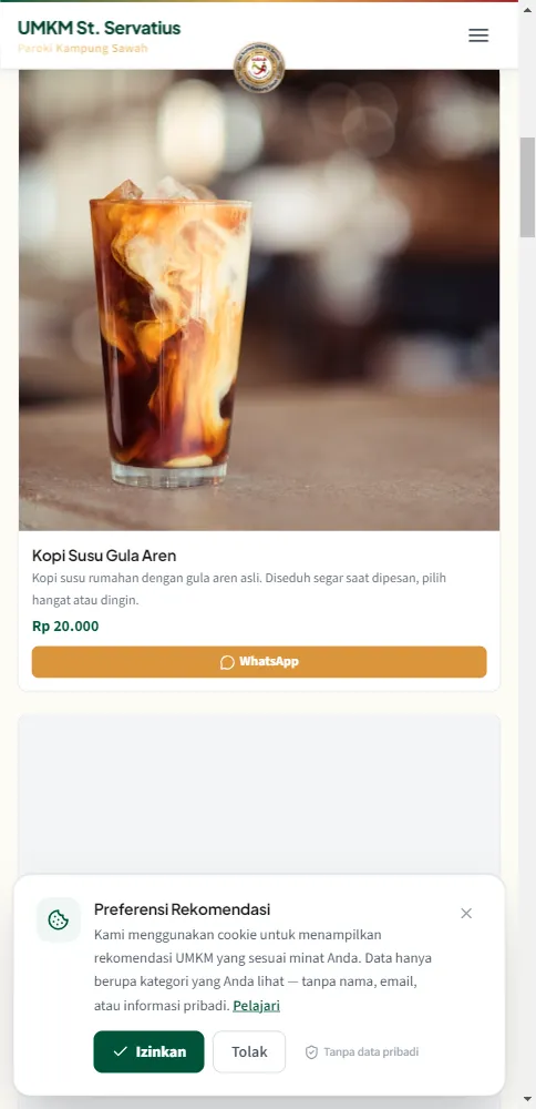 Deretan produk di halaman umum termasuk Kopi Susu