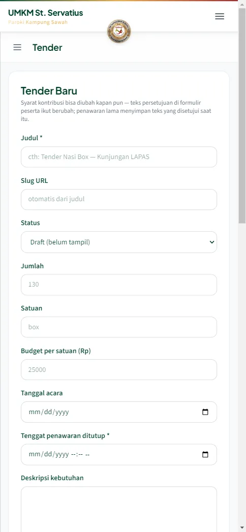 Formulir Tender Baru untuk membuat pengadaan berikutnya