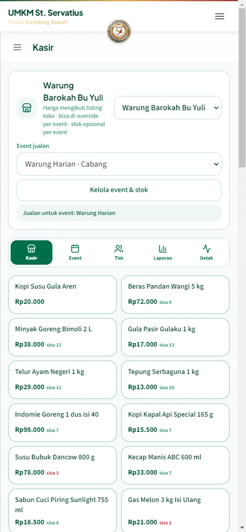 Tab Kasir dengan bilah tab bawah: Kasir, Event, Tim, Laporan, Detak