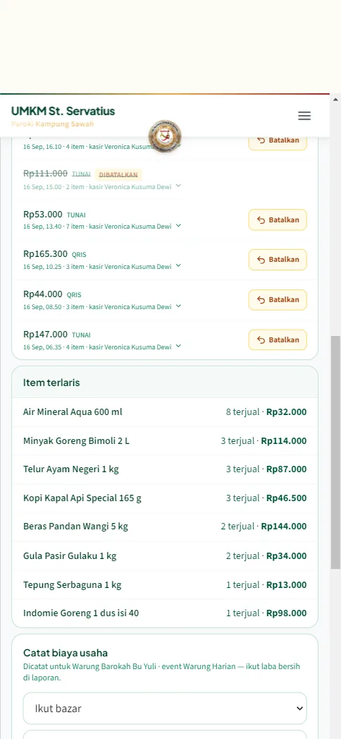 Detail transaksi terbuka: daftar barang, harga, pembeli