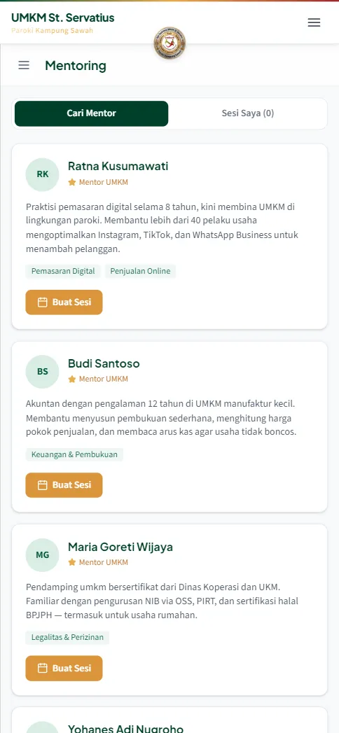 Daftar mentor di tab Cari Mentor dengan kartu nama, bio, chip keahlian, dan tombol Buat Sesi