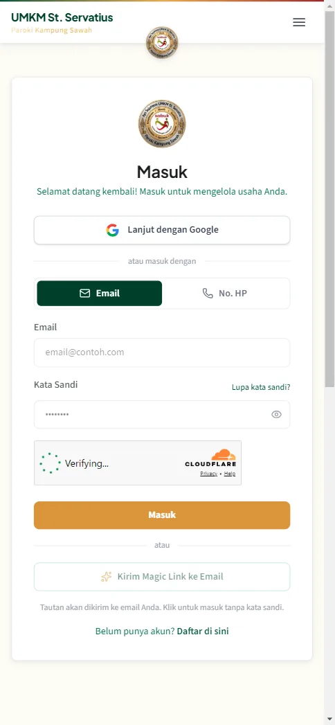 Halaman masuk tab nomor HP