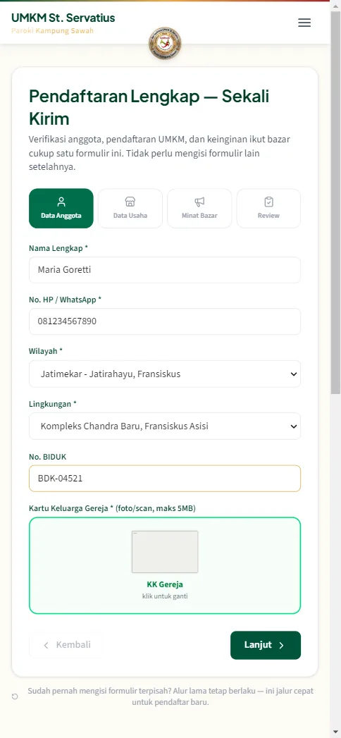 Formulir pendaftaran data anggota di HP