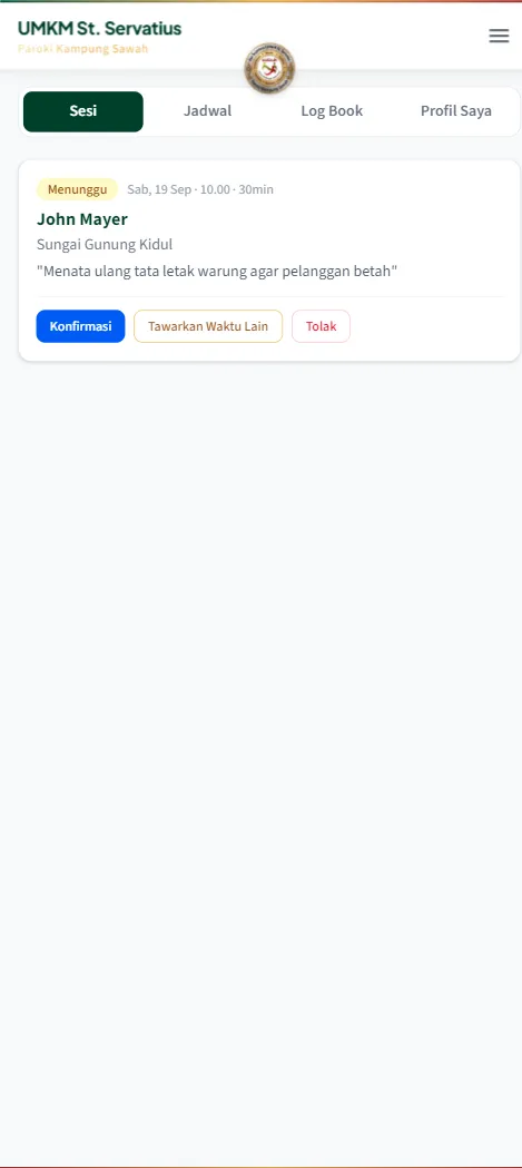 Tab Sesi di tampilan mentor dengan kartu permintaan berstatus Menunggu dan tombol Konfirmasi, Tawarkan Waktu Lain, Tolak