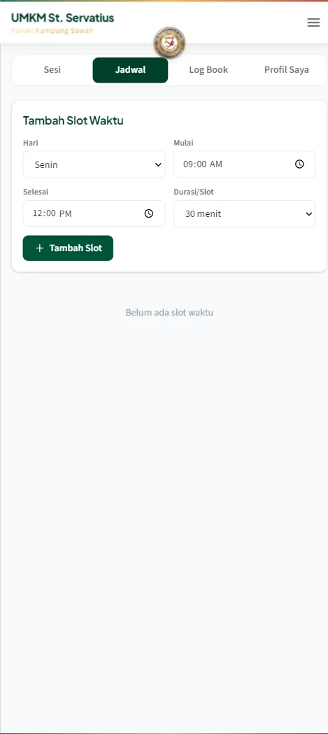 Tab Jadwal berisi form Tambah Slot Waktu dengan pilihan hari, jam mulai, jam selesai, dan durasi per slot