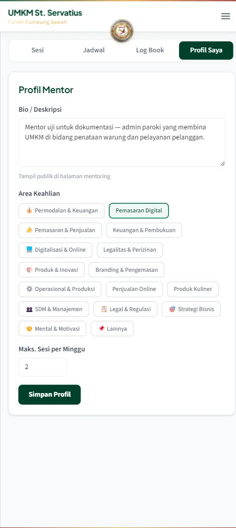 Tab Profil Saya berisi form Profil Mentor dengan kolom Bio dan pilihan chip Area Keahlian