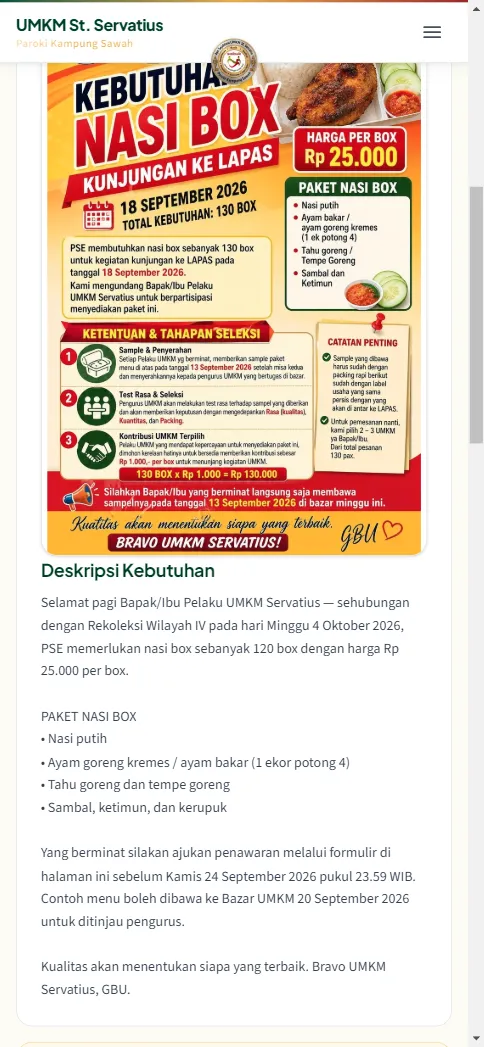 Deskripsi paket nasi box dan foto contoh dari pengurus