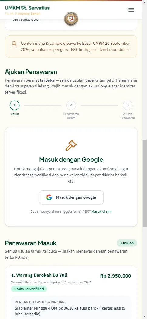 Bagian Masuk dengan Google untuk mengajukan penawaran