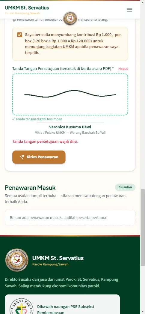 Form penawaran tender terisi lengkap dengan tanda tangan digital di HP