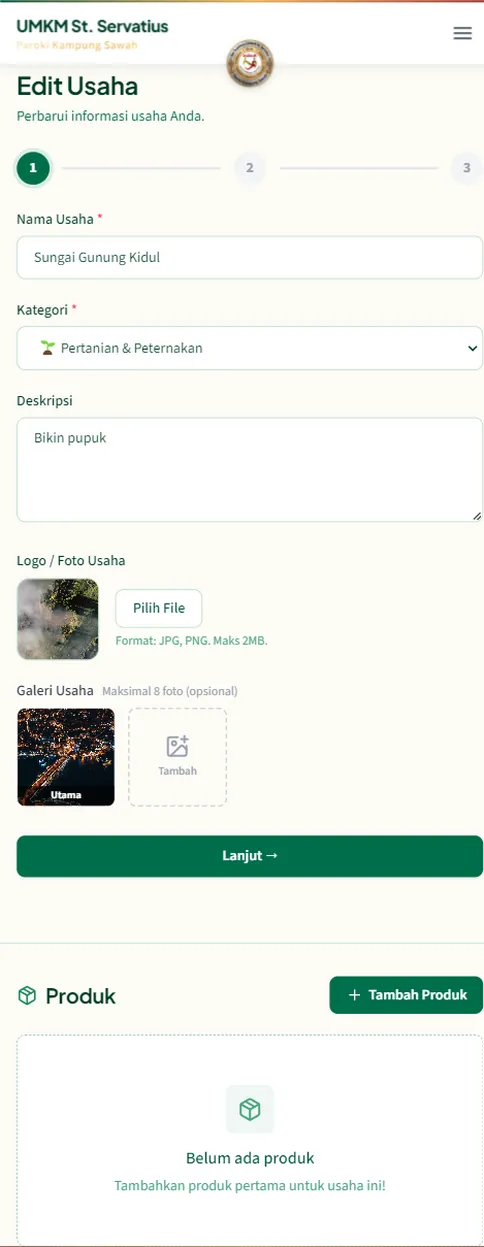 Form Edit Usaha langkah satu berisi nama usaha, kategori, deskripsi, logo, dan galeri