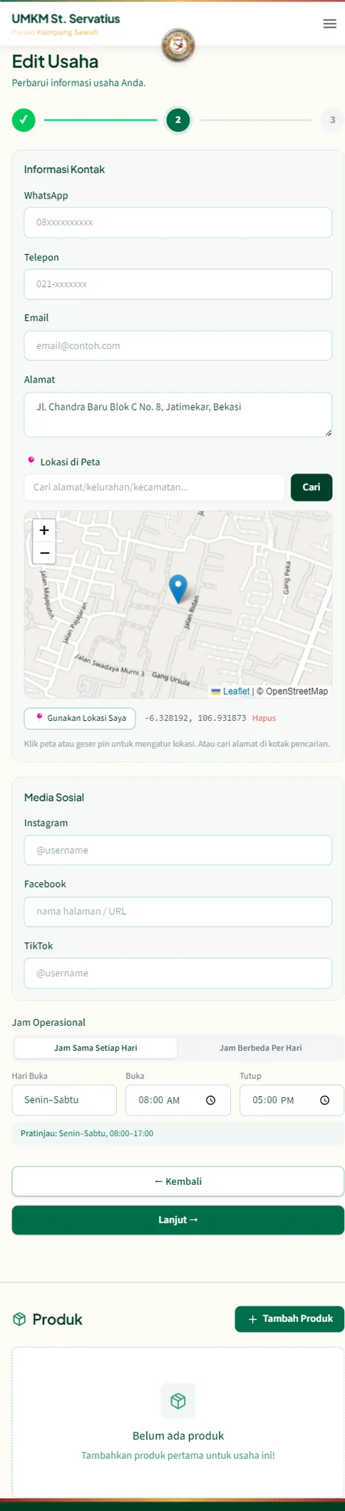 Form Kontak dan Lokasi berisi alamat, peta, media sosial, dan jam operasional usaha