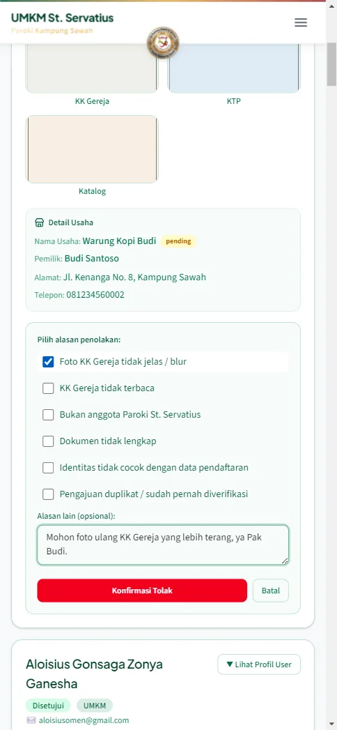 Alasan penolakan terisi